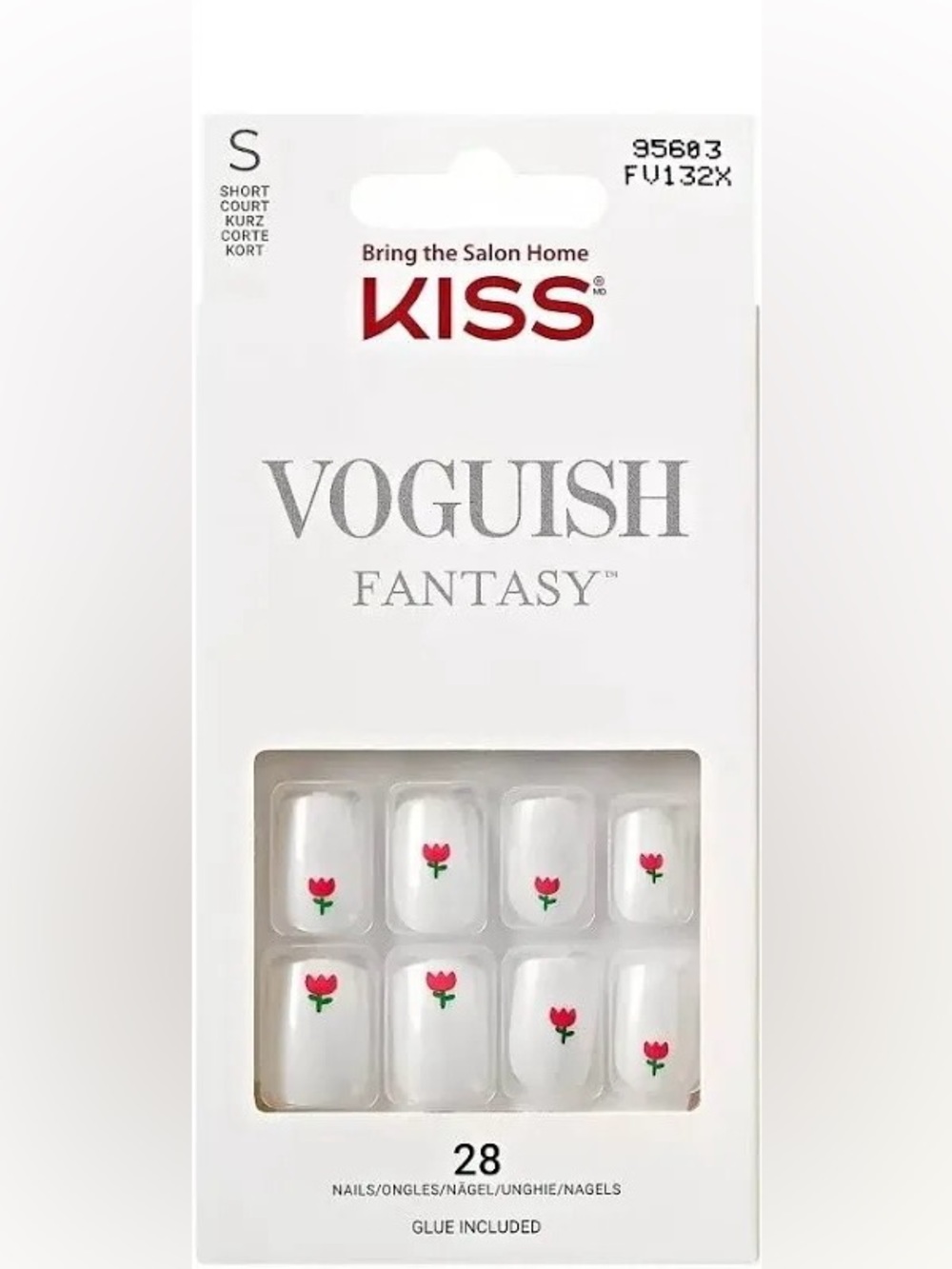 KISS Voguish Fantasy Short Press-On Nails - White with Pink and Green Tulip